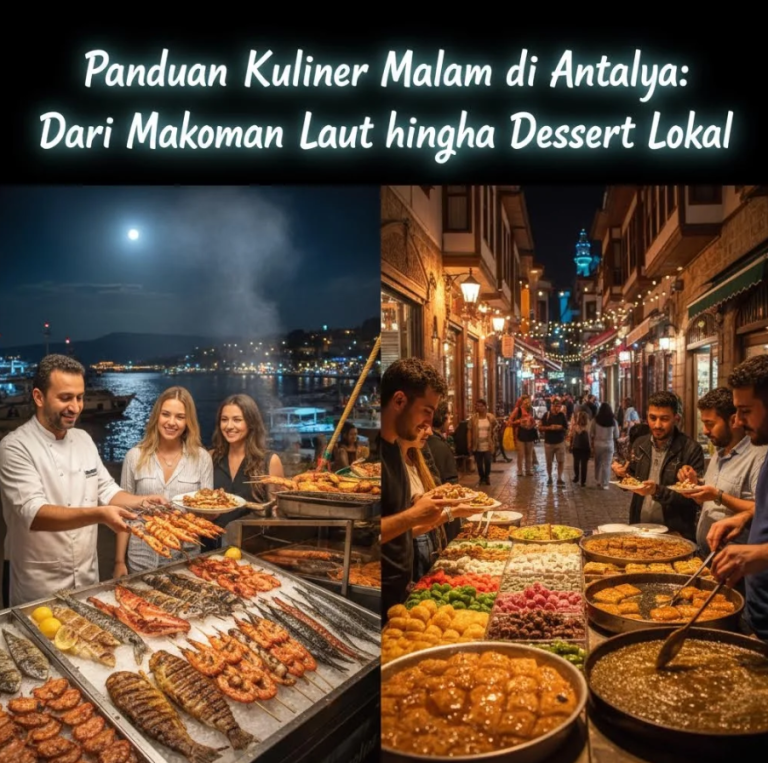 Meja makan outdoor di Antalya dengan hidangan seafood segar dan lampu malam kota