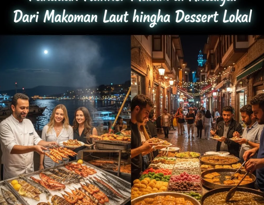 Meja makan outdoor di Antalya dengan hidangan seafood segar dan lampu malam kota