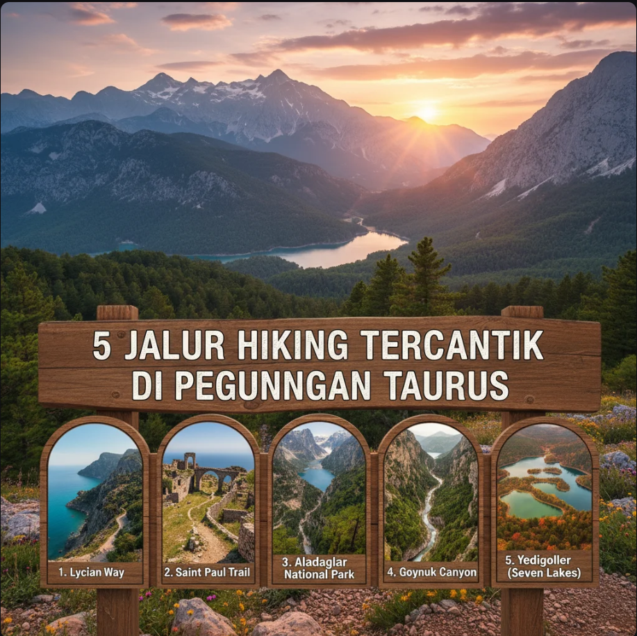 Pemandangan pegunungan Taurus dengan jalur hiking, lembah hijau, dan tebing batu kapur.