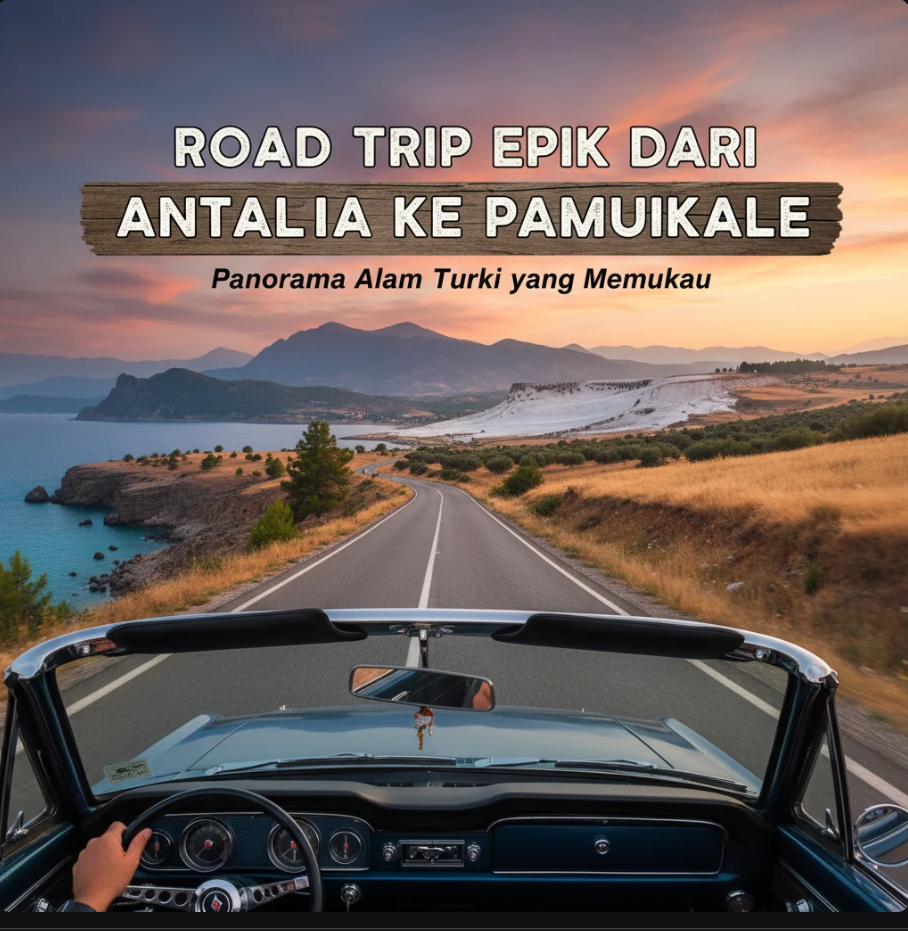 Mobil melaju di jalan berkelok di pegunungan menuju Pamukkale dengan latar langit biru dan lembah hijau.