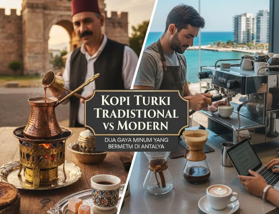 Cangkir kopi Turki tradisional berdampingan dengan kopi modern seperti latte di kafe Antalya