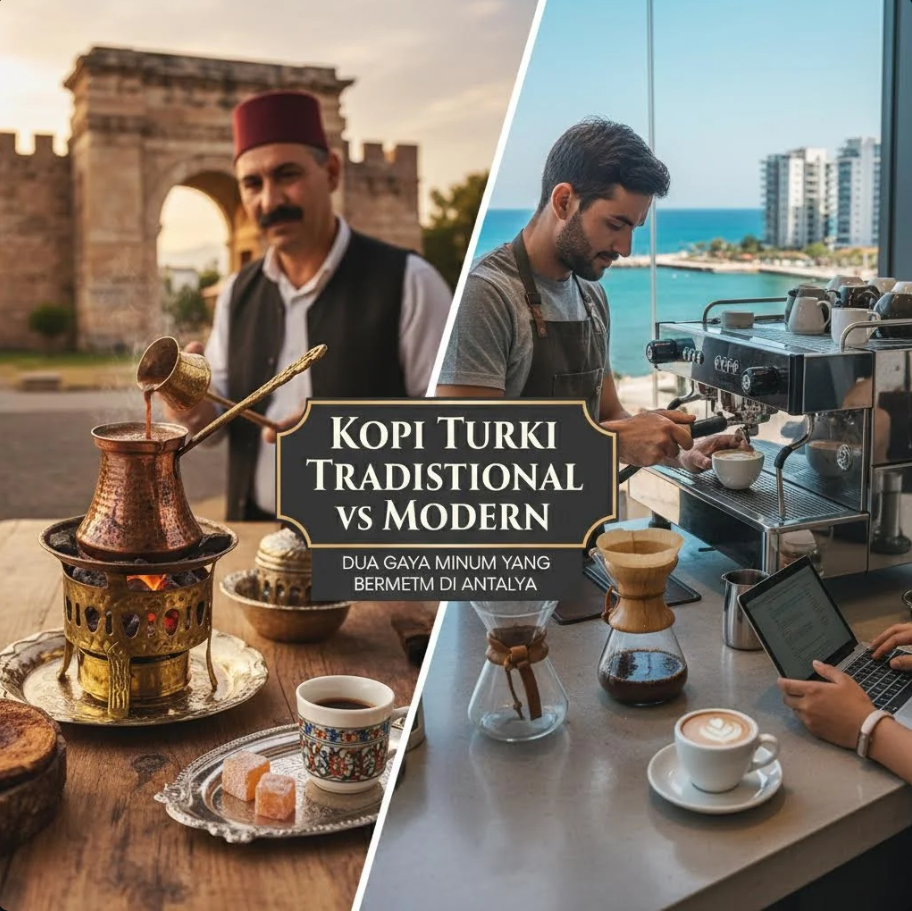 Cangkir kopi Turki tradisional berdampingan dengan kopi modern seperti latte di kafe Antalya