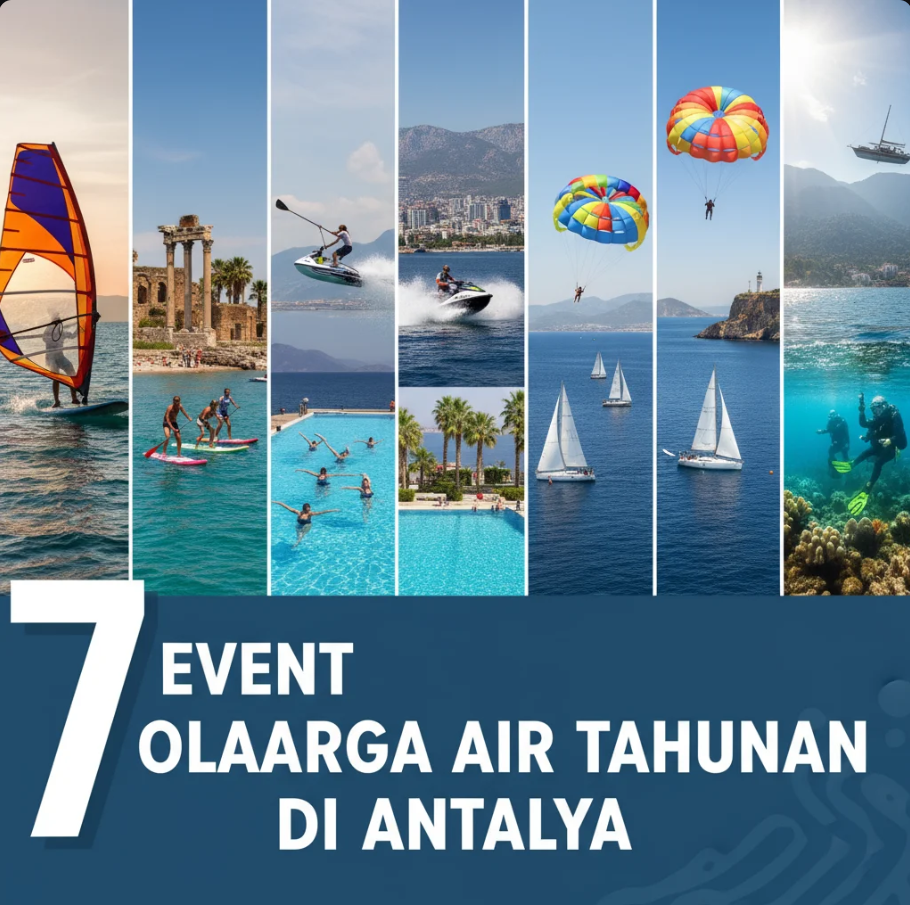 Pemandangan lomba renang laut terbuka di pantai Antalya dengan latar pegunungan Taurus dan laut biru.