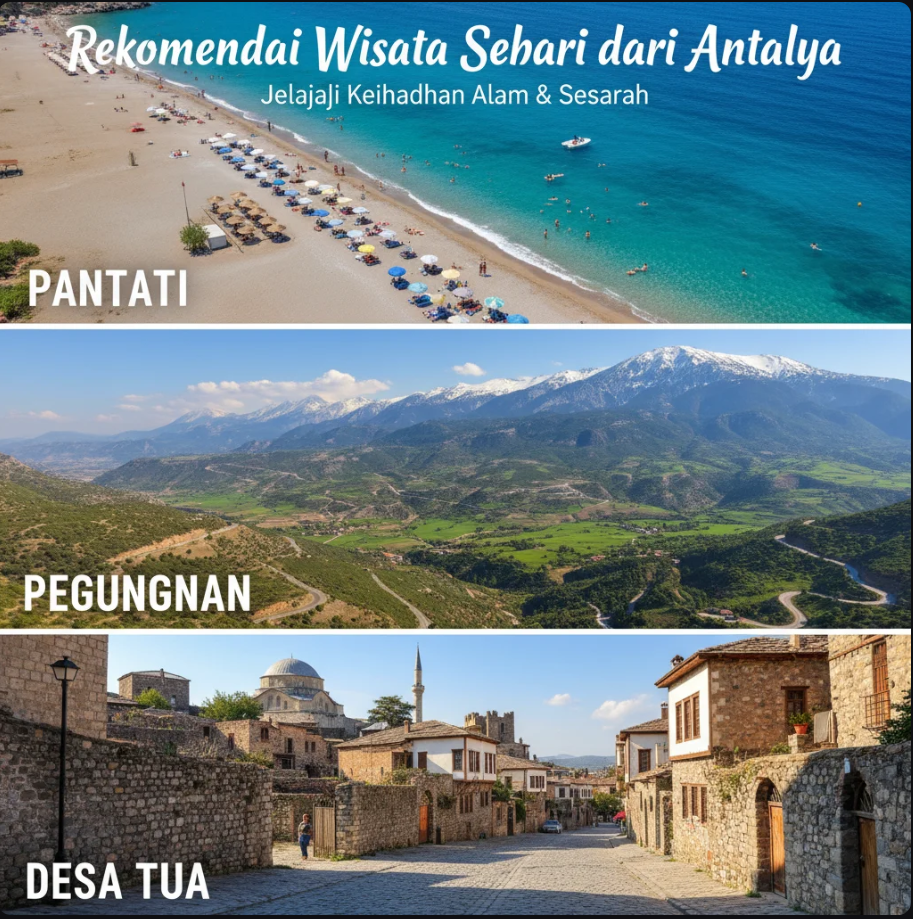Pemandangan pantai Kaputaş dengan tebing batu dan laut biru di bawah langit cerah Antalya.