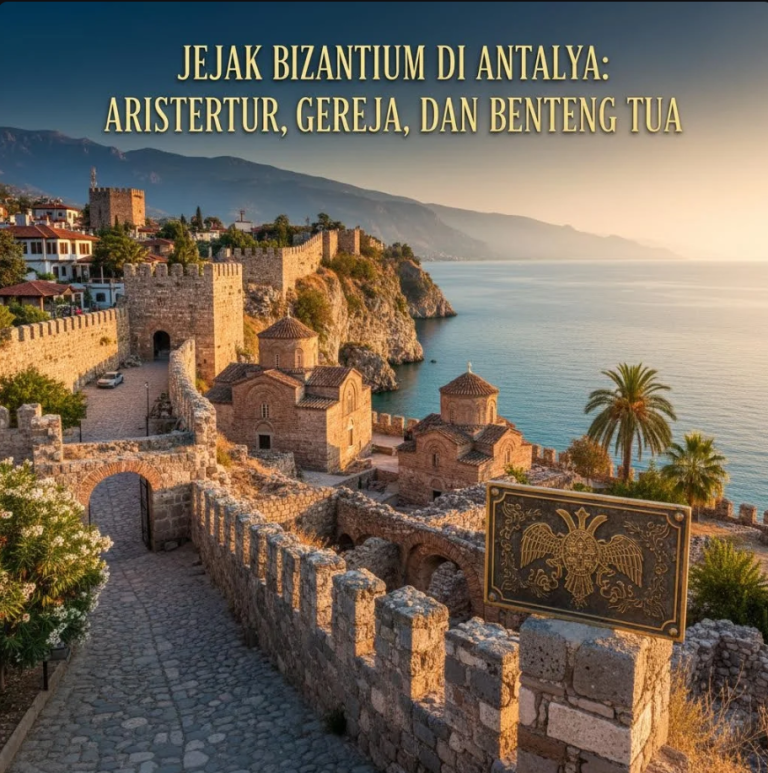 Situs peninggalan Bizantium di Antalya dengan benteng batu dan latar laut Mediterania