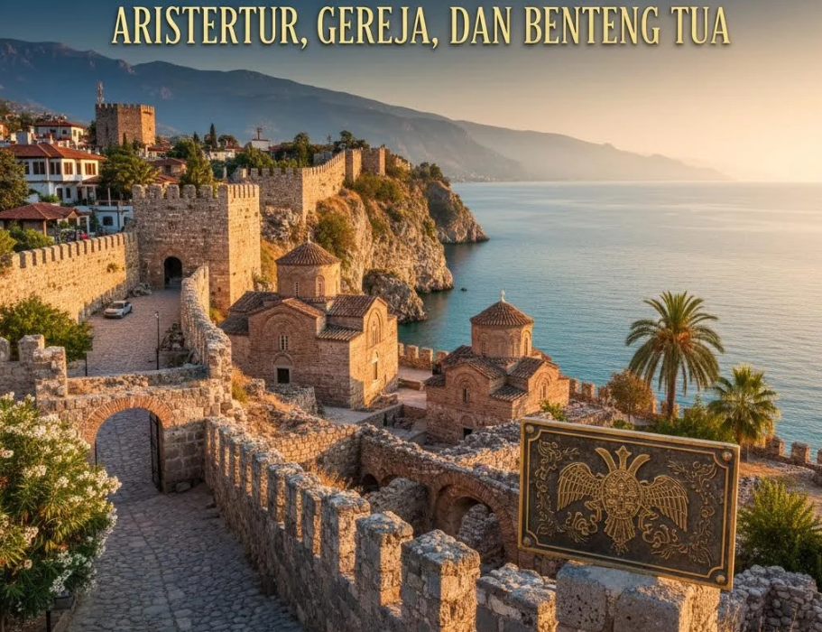 Situs peninggalan Bizantium di Antalya dengan benteng batu dan latar laut Mediterania