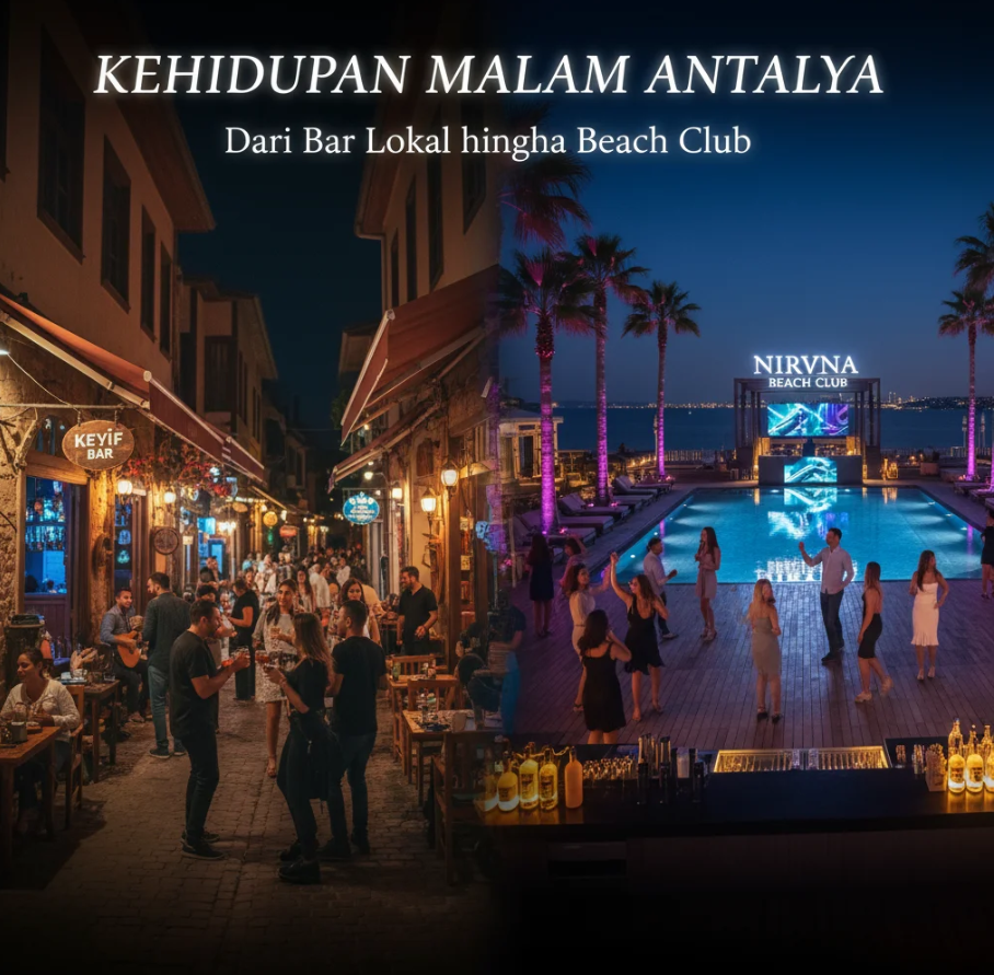 Pemandangan malam Antalya dengan lampu warna-warni dari bar tepi pantai dan pengunjung menikmati koktail di bawah langit Mediterania.