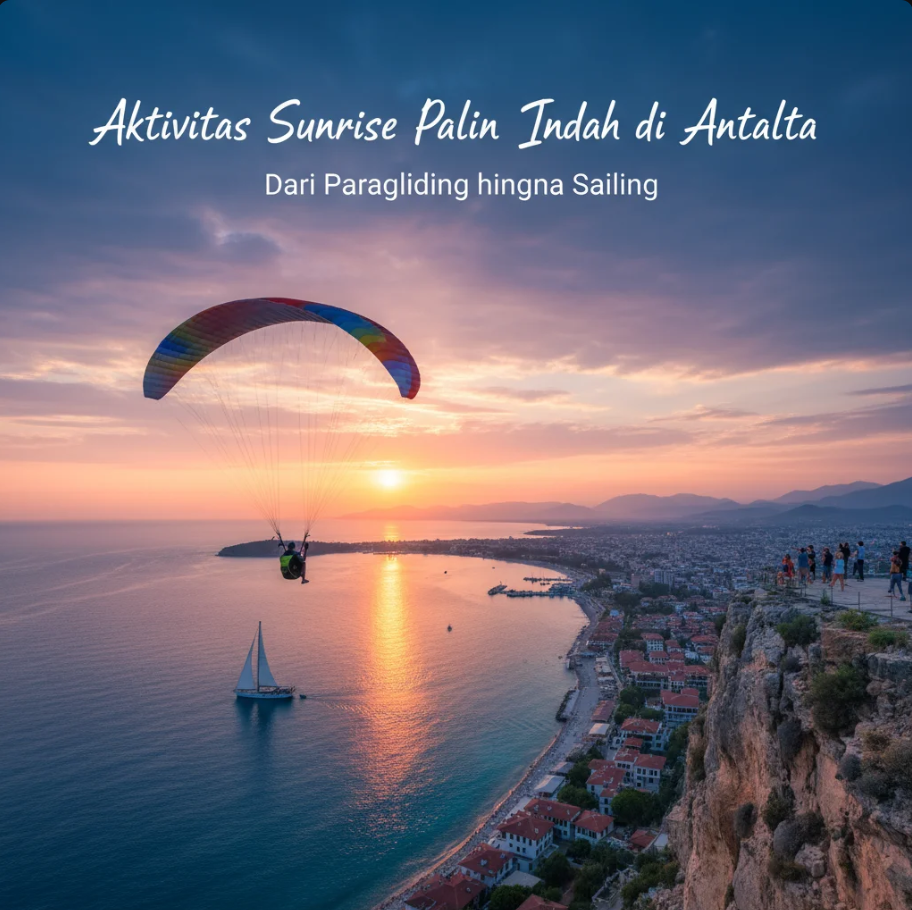Pemandangan matahari terbit di atas Laut Mediterania Antalya dengan siluet paraglider di udara dan kapal layar di kejauhan.