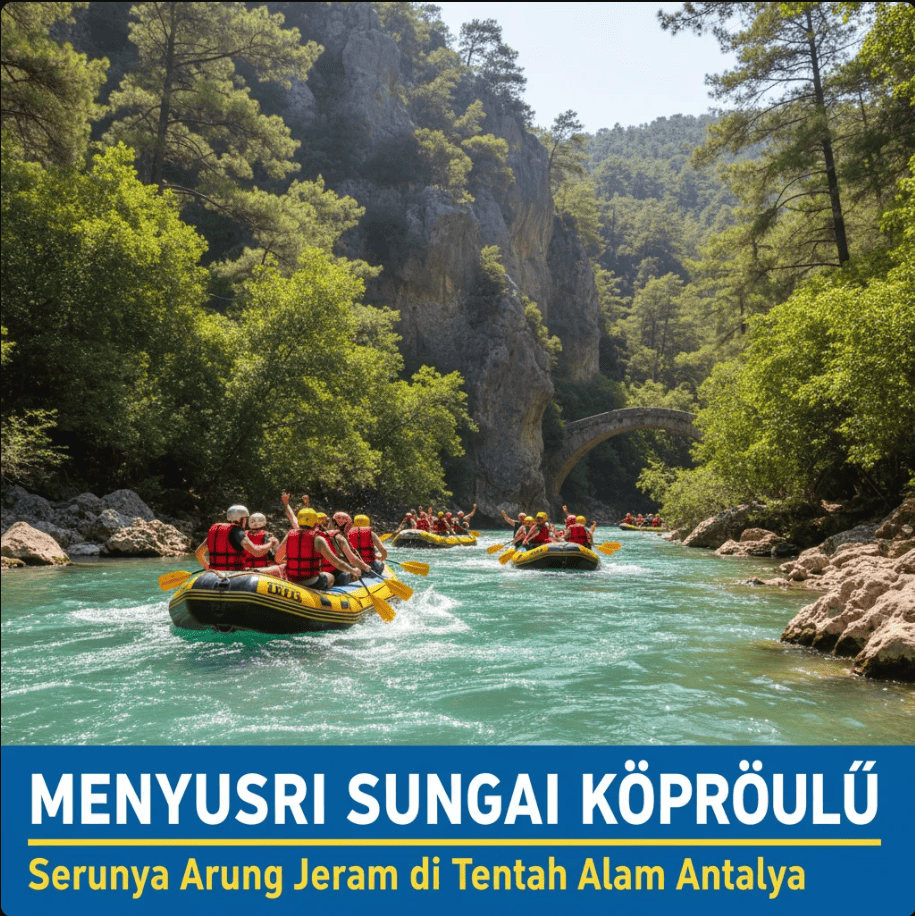 Perahu rafting menyusuri Sungai Köprülü di antara tebing canyon Antalya.