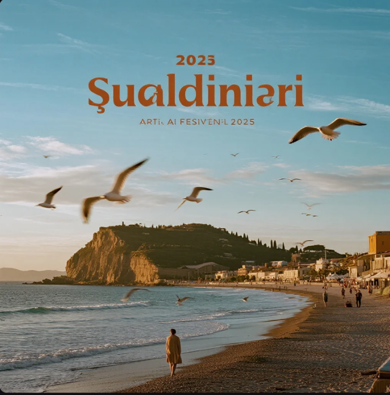 Panggung konser terbuka di Antalya dengan latar pantai dan cahaya festival