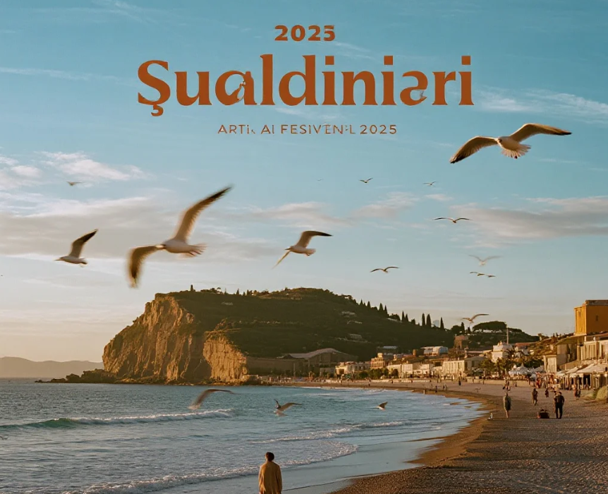 Panggung konser terbuka di Antalya dengan latar pantai dan cahaya festival