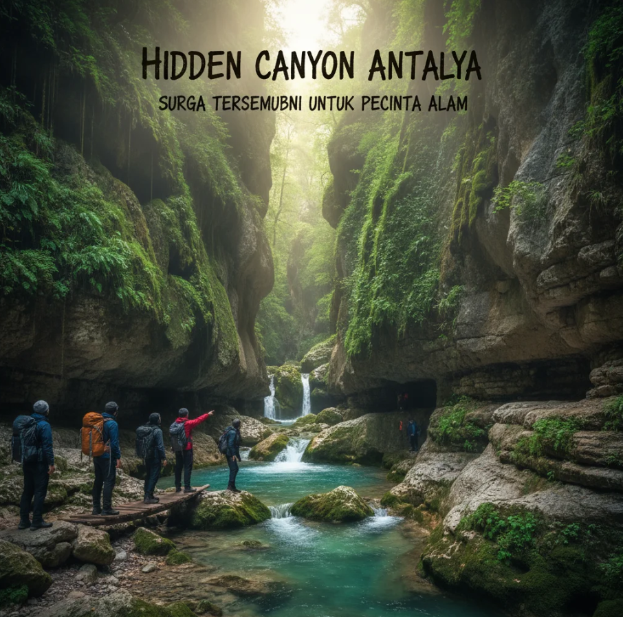 Lembah Hidden Canyon di Antalya dengan tebing batu dan aliran sungai jernih.