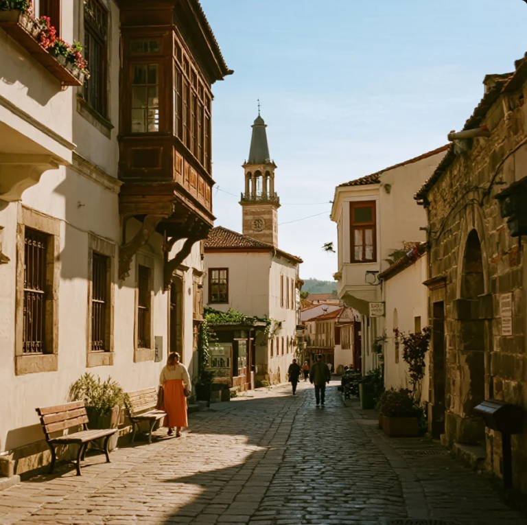 Pemandangan jalan batu di Kaleiçi dengan rumah Ottoman klasik yang terawat indah