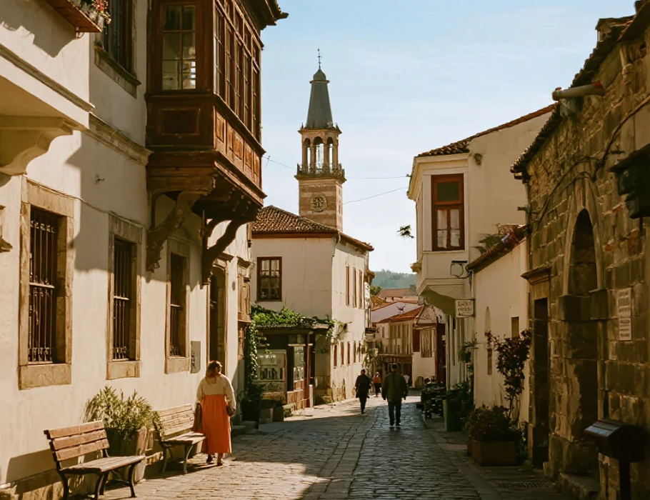 Pemandangan jalan batu di Kaleiçi dengan rumah Ottoman klasik yang terawat indah