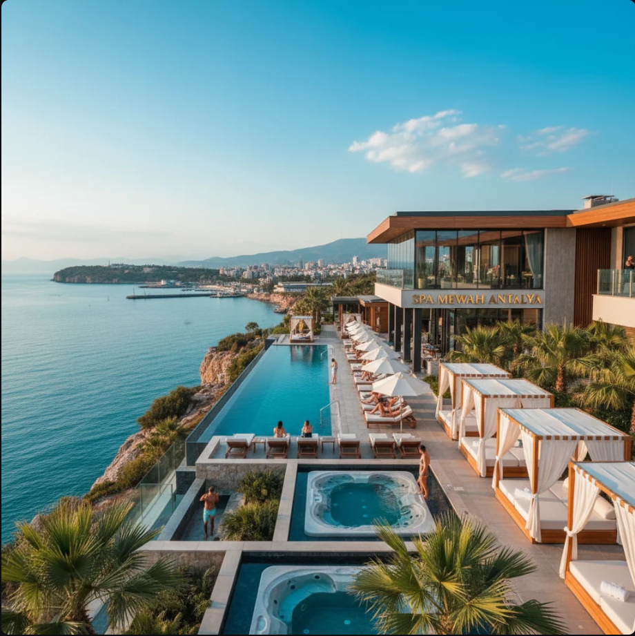 Spa mewah di Antalya menghadap Laut Mediterania dengan infinity pool dan cahaya senja