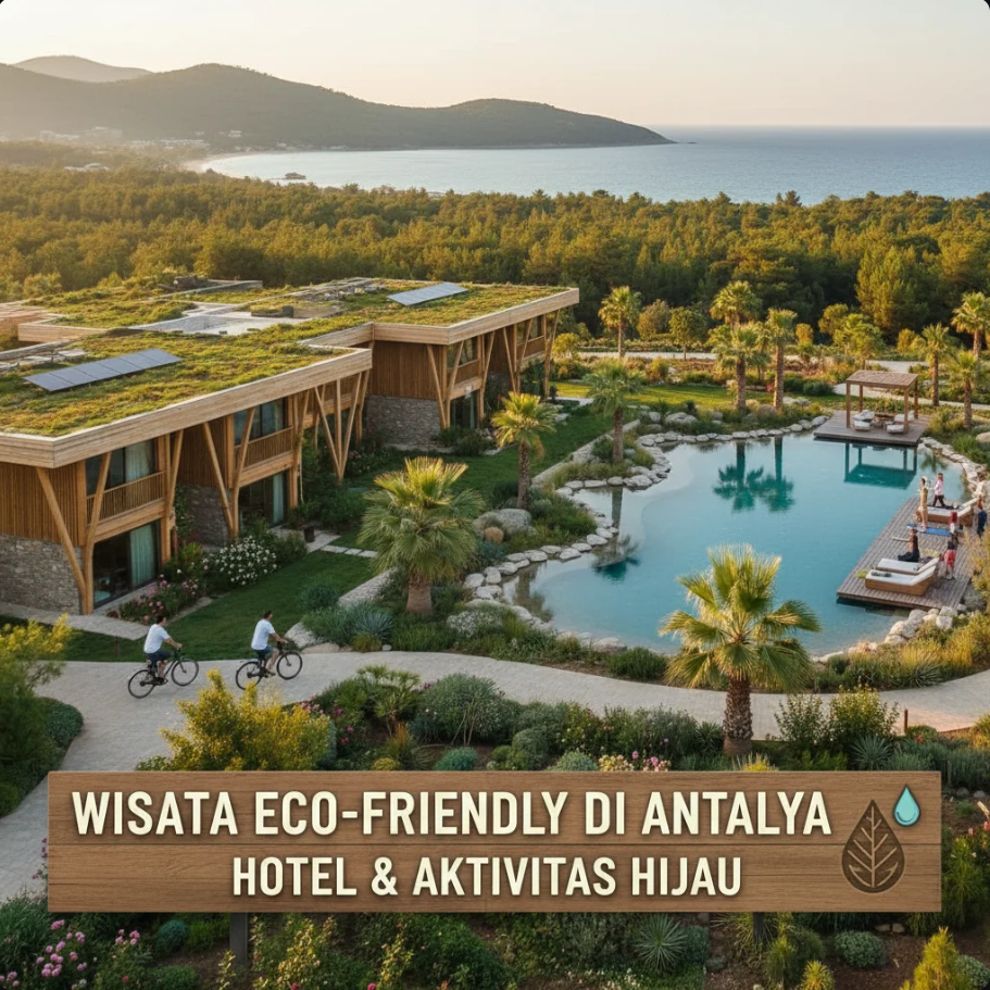 Hotel ramah lingkungan di tepi pantai Antalya dengan panel surya dan taman hijau menghadap laut.