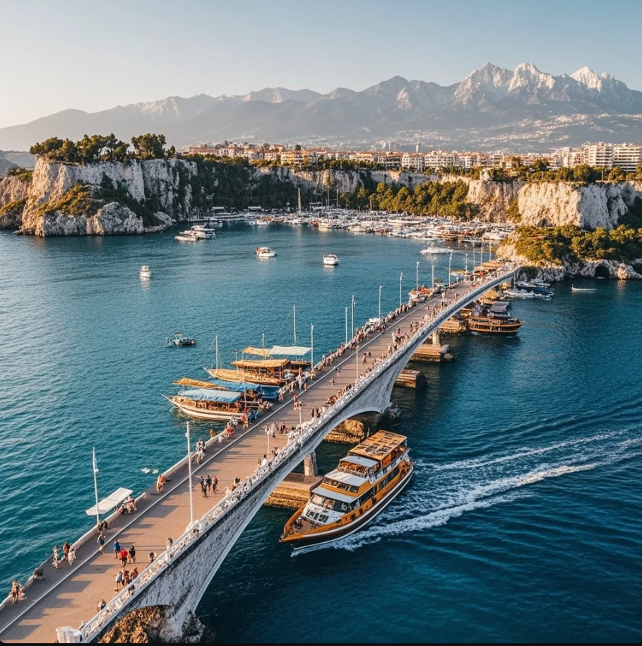 Planner budget perjalanan dengan peta Antalya, catatan biaya harian, dan foto pantai Konyaaltı di samping kalkulator