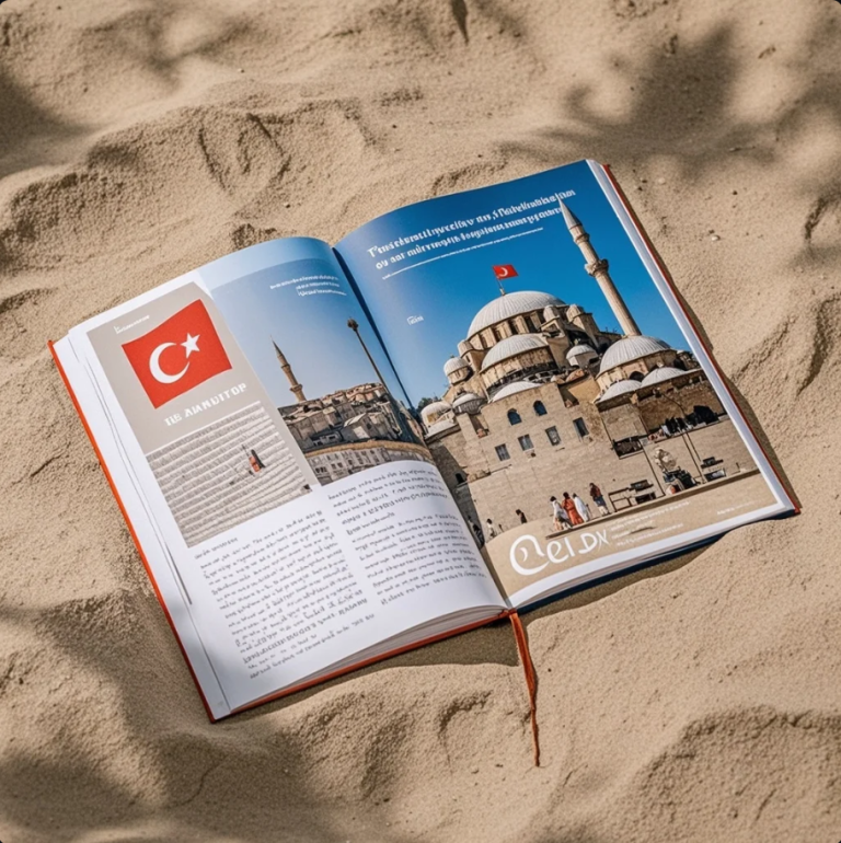 Suasana senja di Antalya dengan masjid dan lampu kota, meja iftar sederhana, serta wisatawan berjalan santai