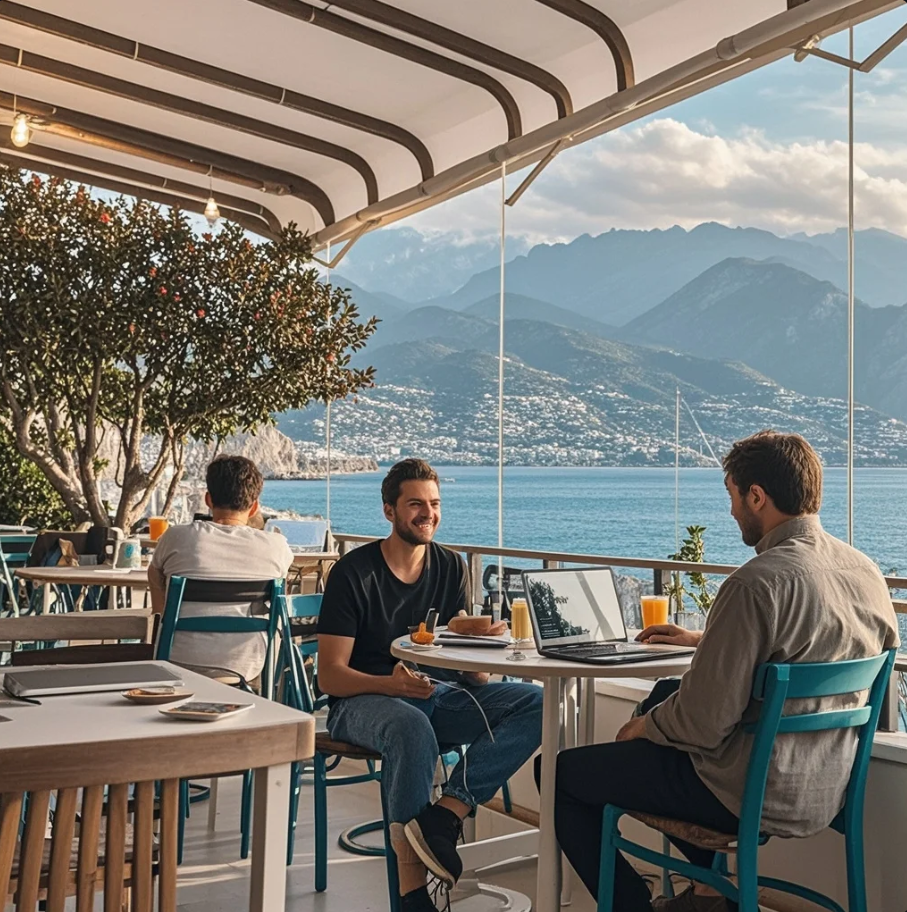 Seorang freelancer bekerja dengan laptop di kafe dekat pantai di Antalya, dengan kopi dan pemandangan laut