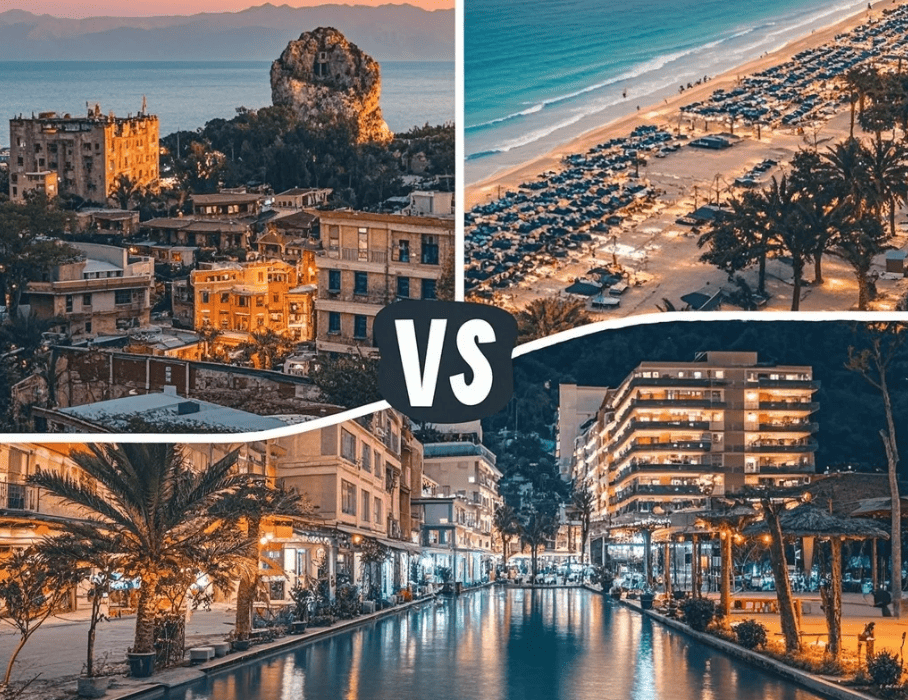 Kolase tiga area Antalya: gang batu Old Town Kaleiçi, resort dan pantai di Lara, serta garis pantai panjang Konyaaltı dengan pegunungan