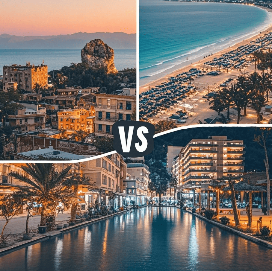 Kolase tiga area Antalya: gang batu Old Town Kaleiçi, resort dan pantai di Lara, serta garis pantai panjang Konyaaltı dengan pegunungan