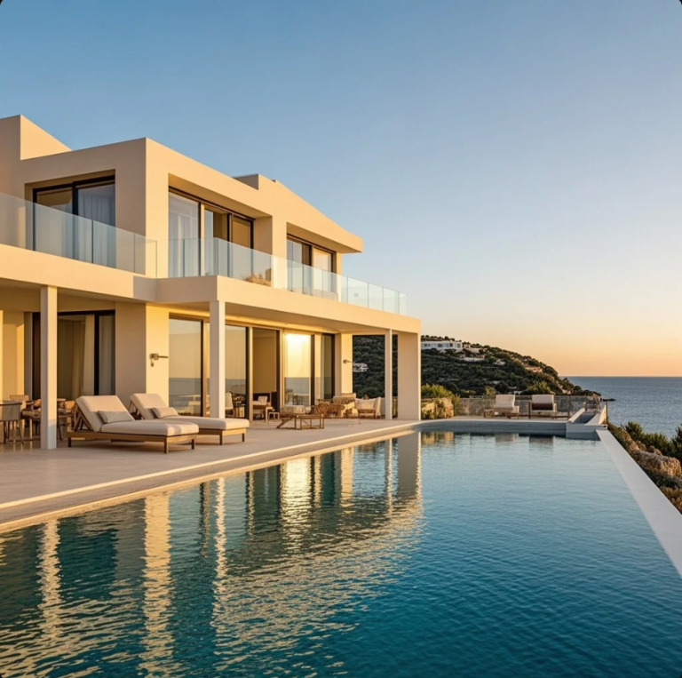 Villa private di Antalya dengan infinity pool menghadap Laut Mediterania saat sunset