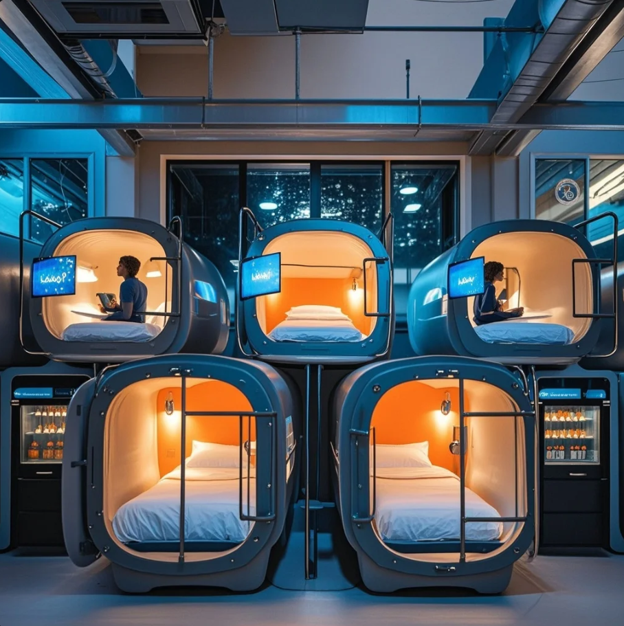 Interior capsule hotel minimalis dengan pencahayaan hangat dan loker aman untuk solo traveler