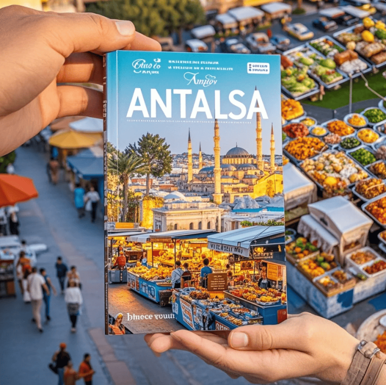 Turis melihat peta Antalya sambil mengecek dompet dan aplikasi transport, dengan latar suasana kota