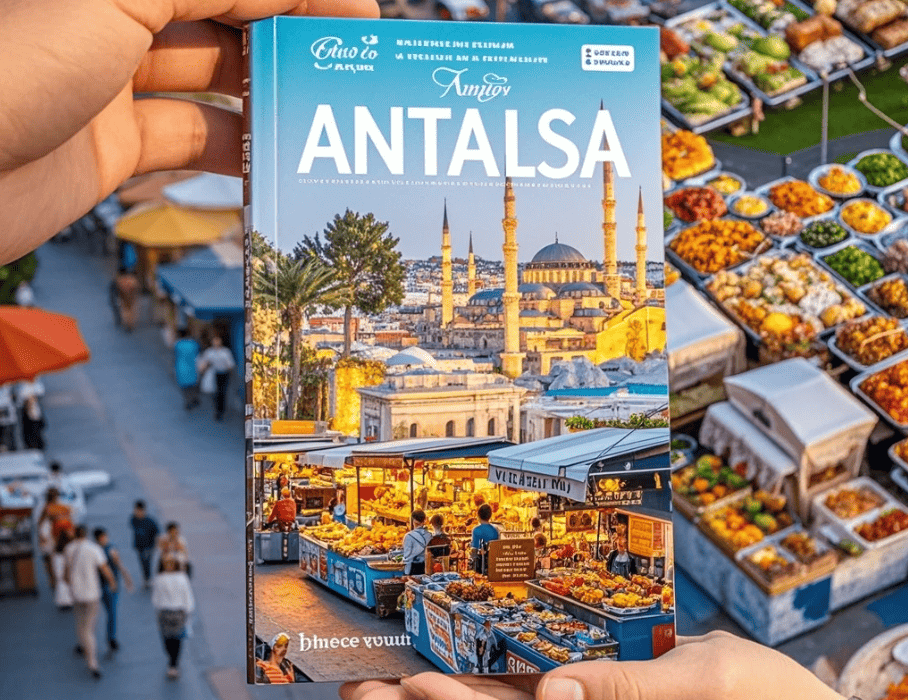 Turis melihat peta Antalya sambil mengecek dompet dan aplikasi transport, dengan latar suasana kota