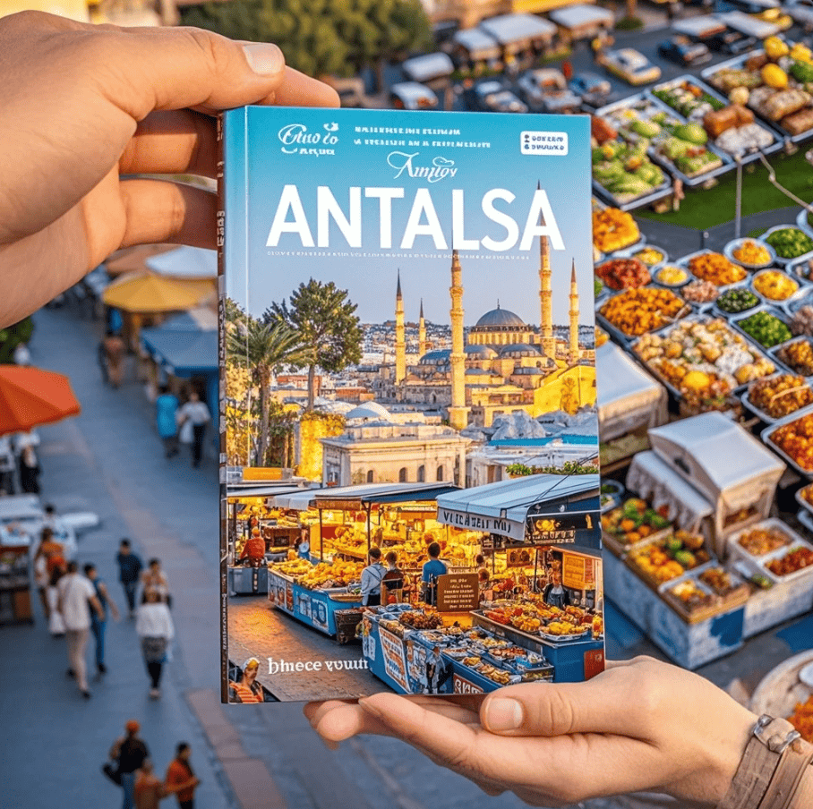 Turis melihat peta Antalya sambil mengecek dompet dan aplikasi transport, dengan latar suasana kota