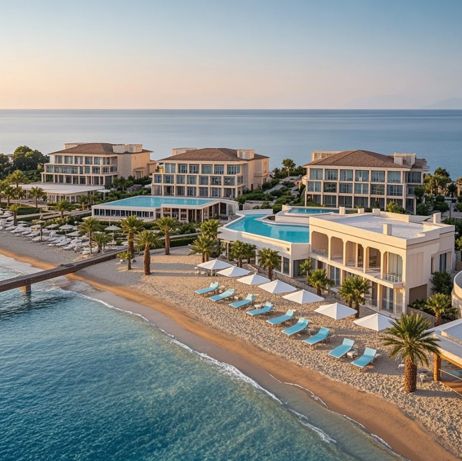 Resort mewah di Antalya dengan pantai privat, cabana, dan laut biru Mediterania yang tenang