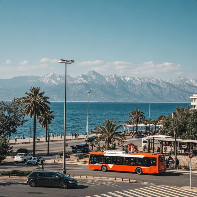 Pantai Konyaaltı dan lanskap Antalya yang bisa diakses dengan transport publik